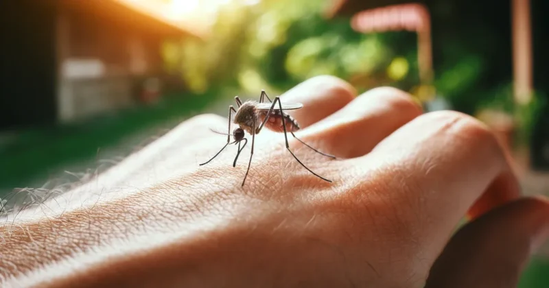 יתוש יושב על יד של אדם ומוצץ דם.