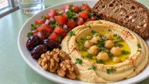 צלחת חומוס עם שמן זית, סלט קצוץ, זיתים, אגוזי מלך ופרוסת לחם מלא עם זרעים, ארוחה ביתית ברוח תזונה ים תיכונית